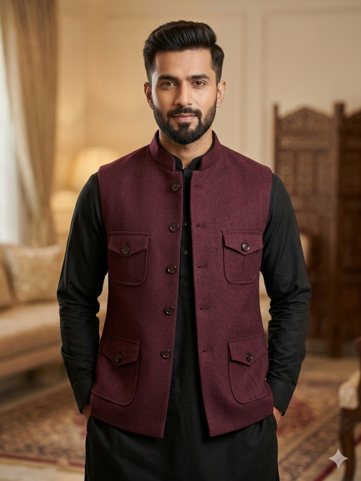 Men's Maroon Nehru Waistcoat – Premium Ethnic Jacket