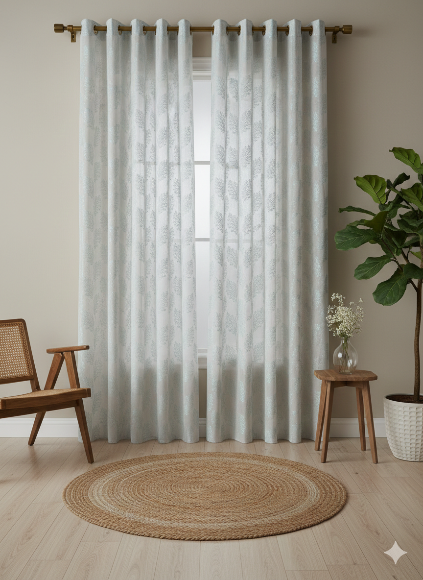 Sky Blue Leaf Pattern Curtain | 7 Feet | Eyelet Style | Price Per Piece