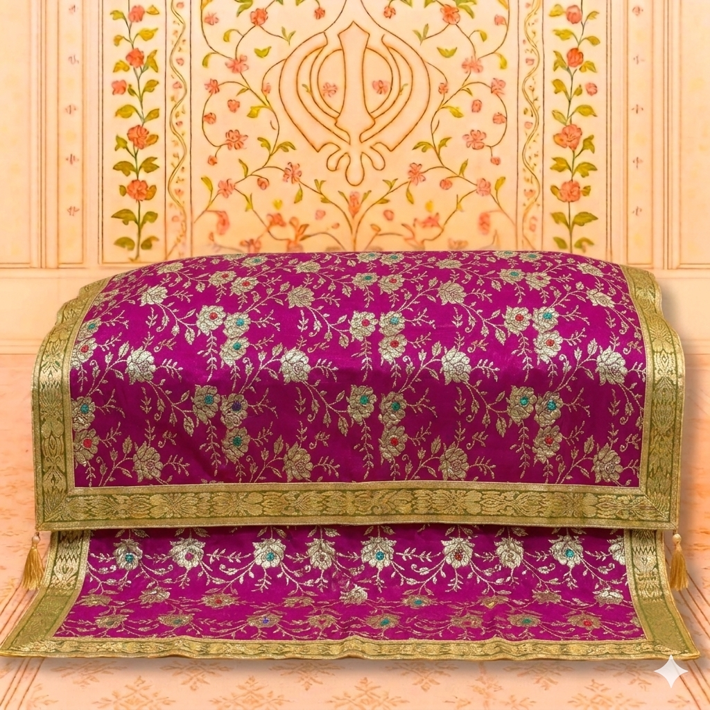 Premium Pink Floral Embroidered Rumala Sahib with Golden Border for Guru Granth Sahib Ji