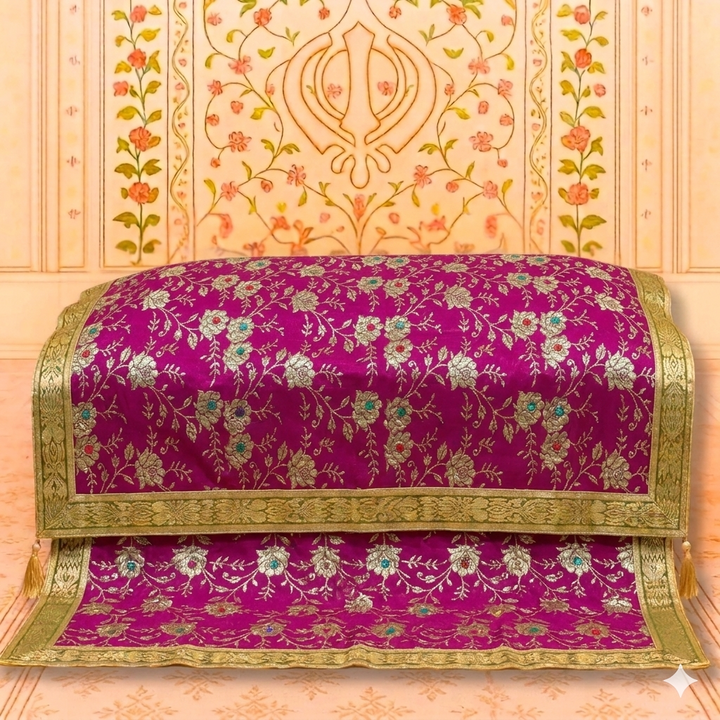 Premium Pink Floral Embroidered Rumala Sahib with Golden Border for Guru Granth Sahib Ji