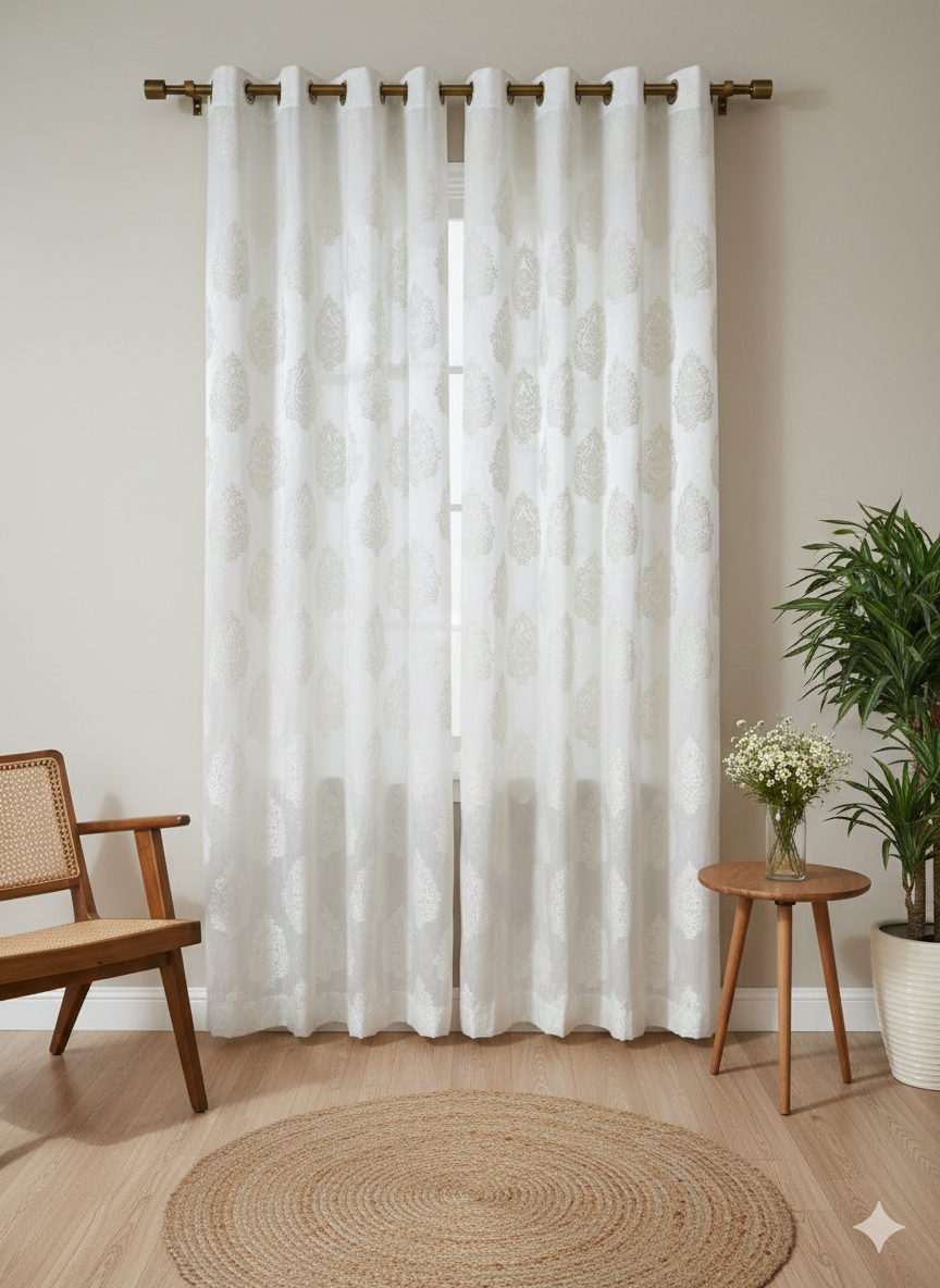 Whit Gold Jacquard Sheer Curtain | 7 Feet | Eyelet Style | Price Per Piece