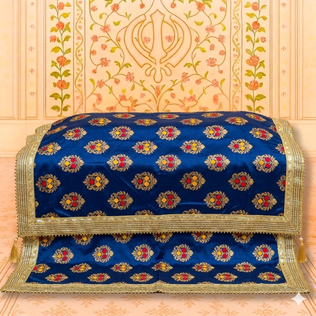 Royal Blue Floral Design Rumala Sahib with Golden Border for Guru Granth Sahib Ji