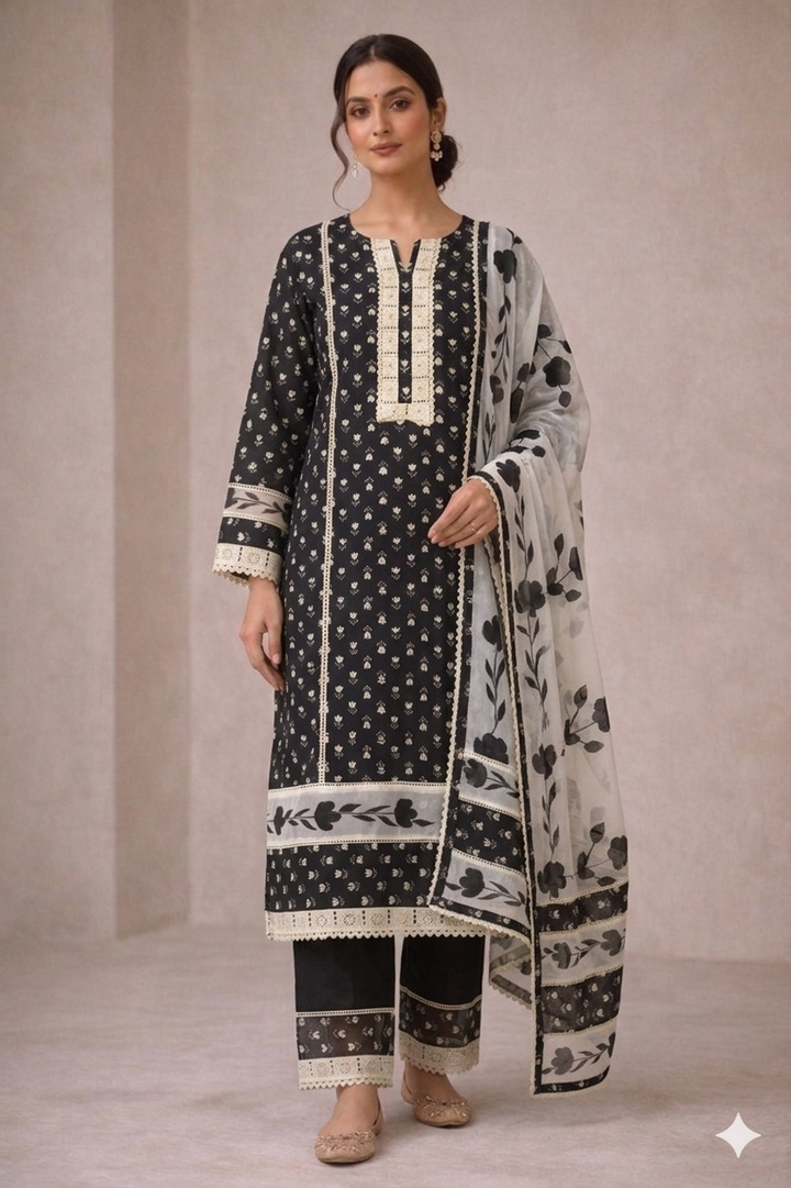 Black Printed Unstitched Suit Fabric Set with Tabby Dupatta