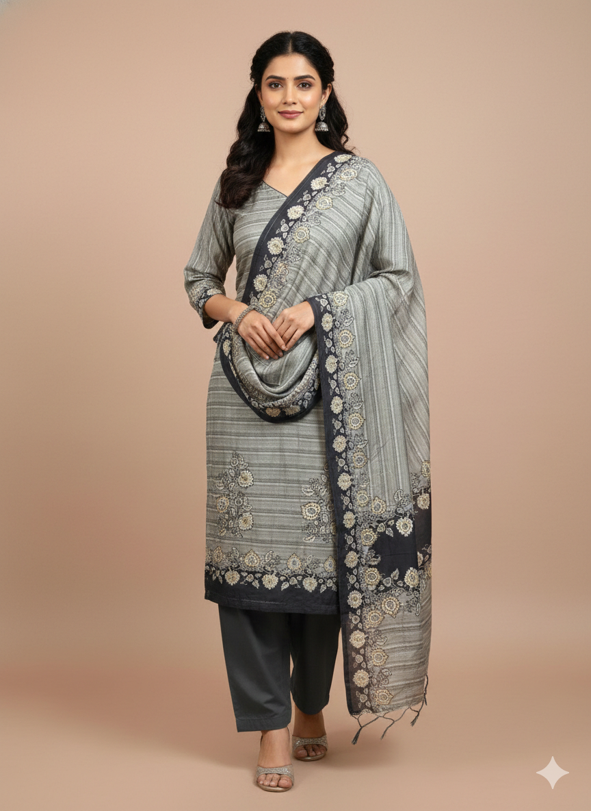 Grey Printed Unstitched Pashmina Suit Fabric with Chinnon Dupatta