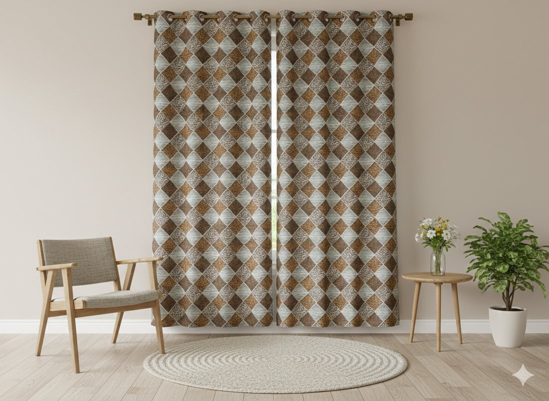 Brown & Blue Diamond Print Curtain | 7 Feet | Eyelet Style | Price Per Piece
