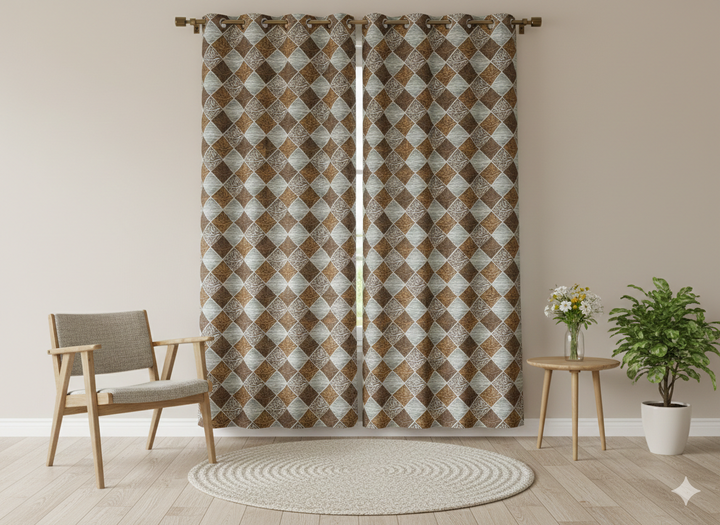 Brown & Blue Diamond Print Curtain | 7 Feet | Eyelet Style | Price Per Piece