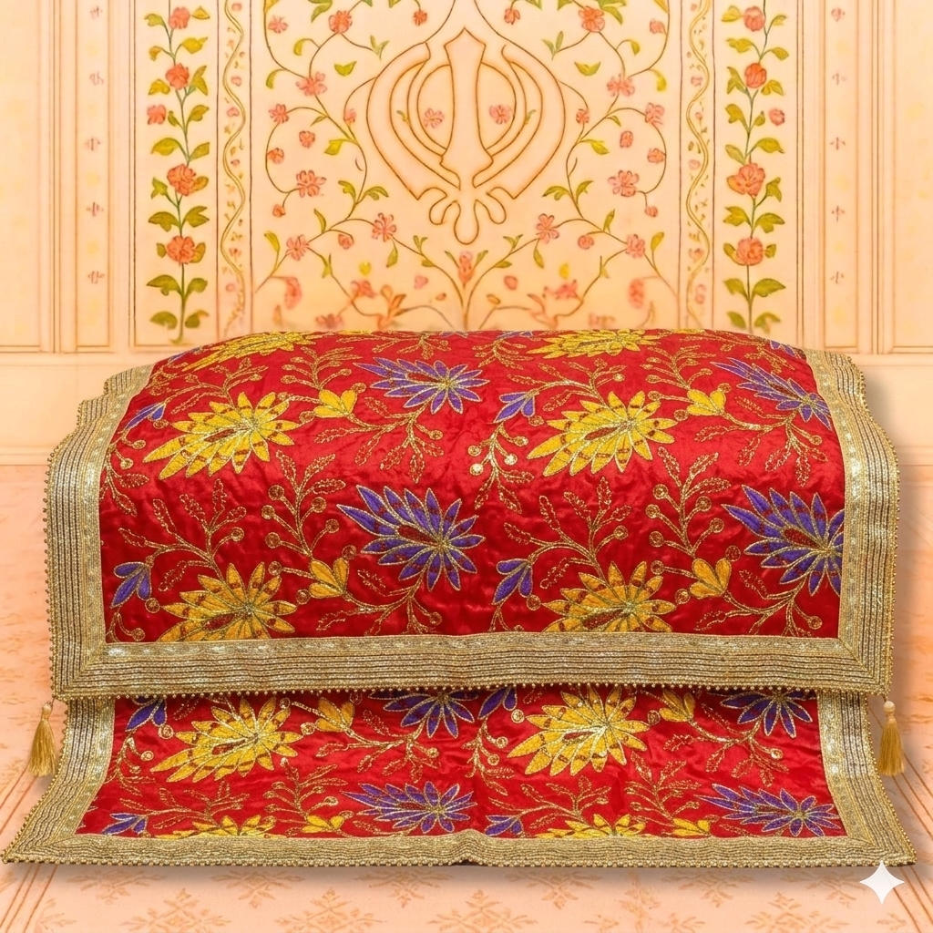 Red Multicolor Floral Embroidered Rumala Sahib with Golden Border for Guru Granth Sahib Ji