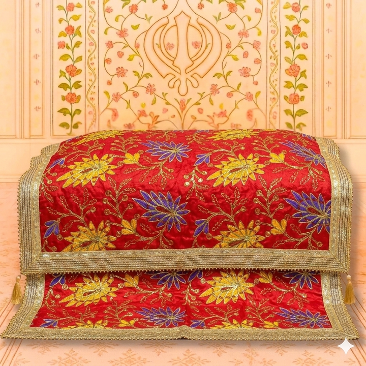 Red Multicolor Floral Embroidered Rumala Sahib with Golden Border for Guru Granth Sahib Ji