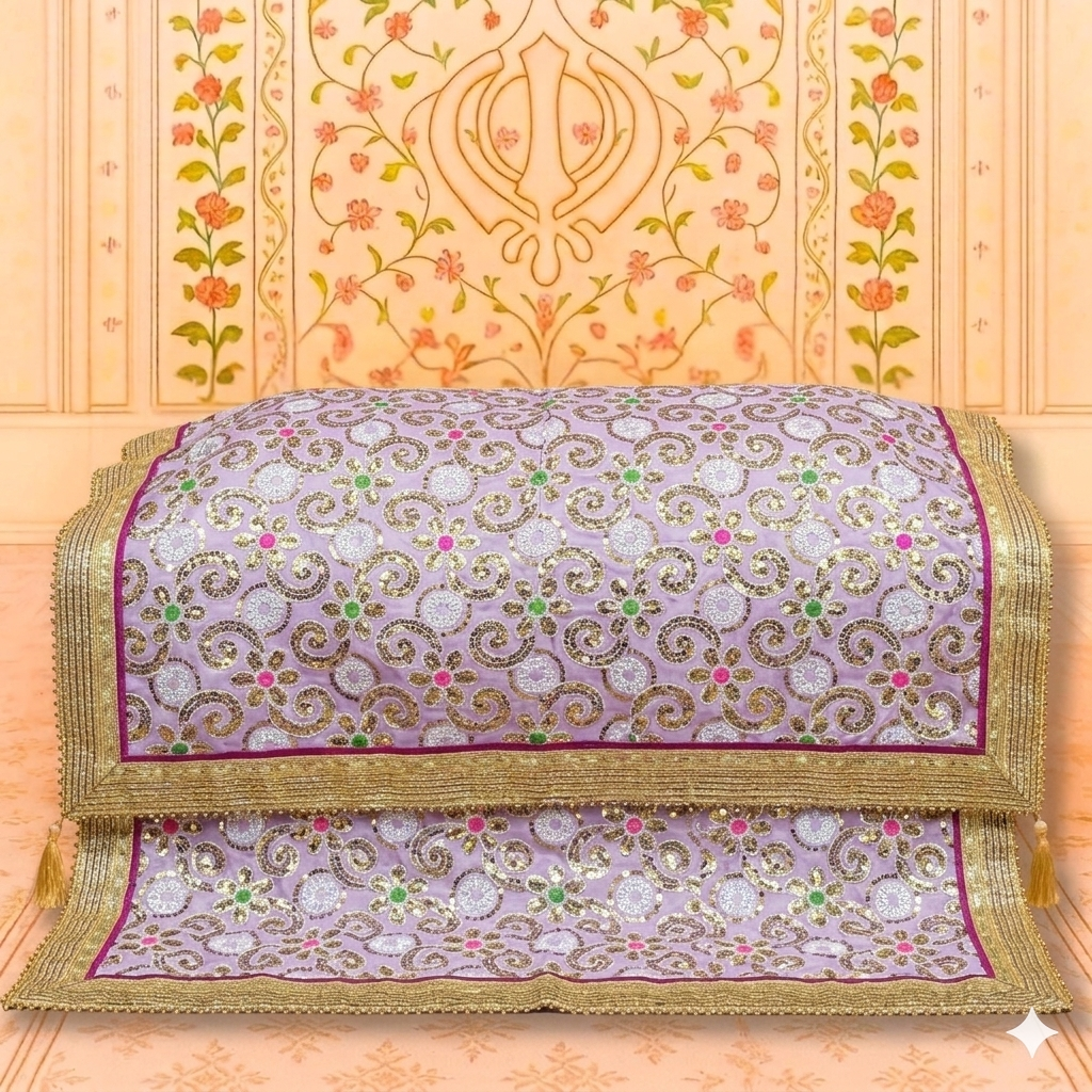 Lavender Sequin Handwork Rumala Sahib with Golden Border for Guru Granth Sahib Ji