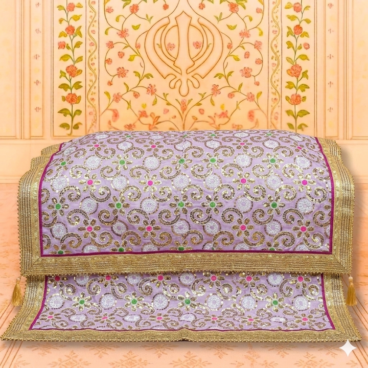 Lavender Sequin Handwork Rumala Sahib with Golden Border for Guru Granth Sahib Ji