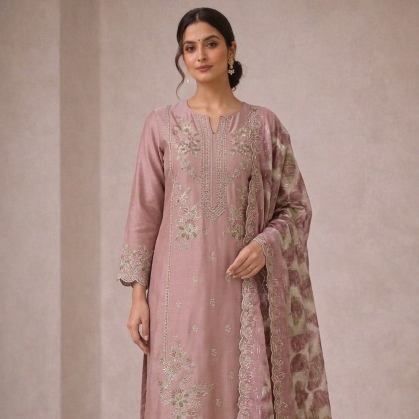 Woman wearing a pink embroidered traditional outfit against a neutral background

