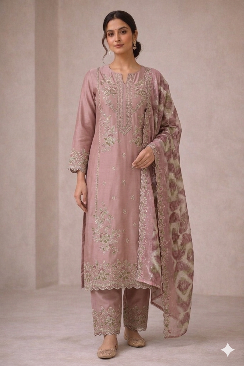 Baby Pink Embroidered Unstitched Suit Fabric Set with Designer Dupatta