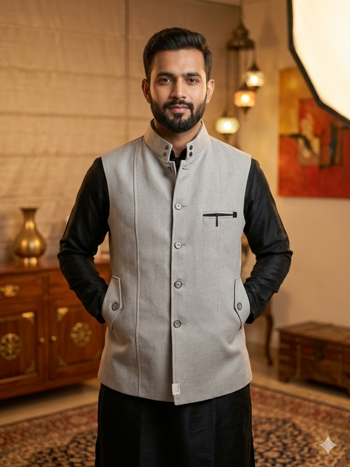 Men's Light Grey Nehru Waistcoat – Classic Ethnic Jacket