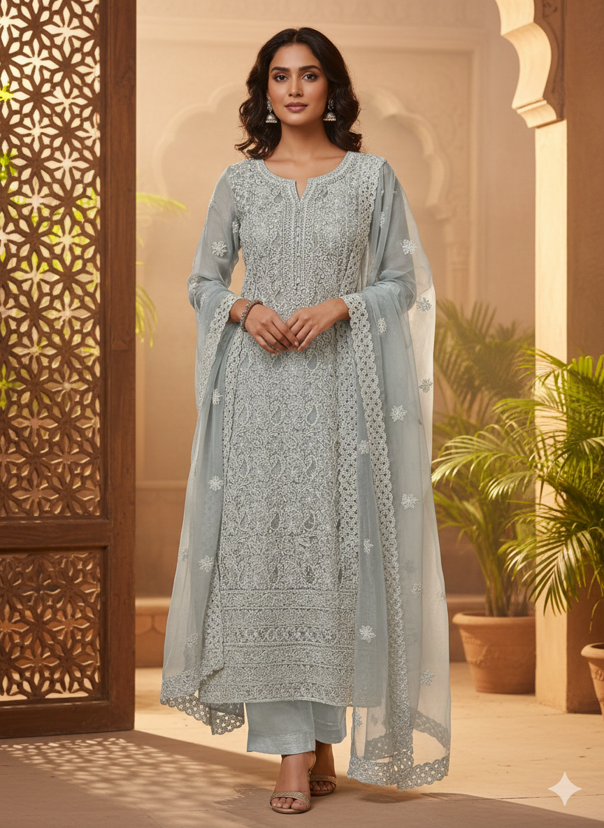 Grey Lucknowi Thread Work Unstitched Georgette Suit Fabric with Dupatta