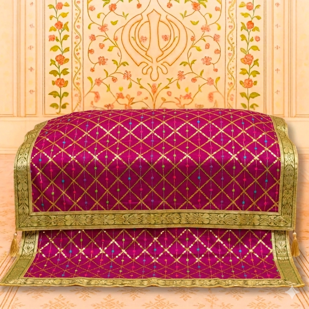 Maroon Palka Sequence Diamond Work Rumala Sahib for Guru Granth Sahib Ji