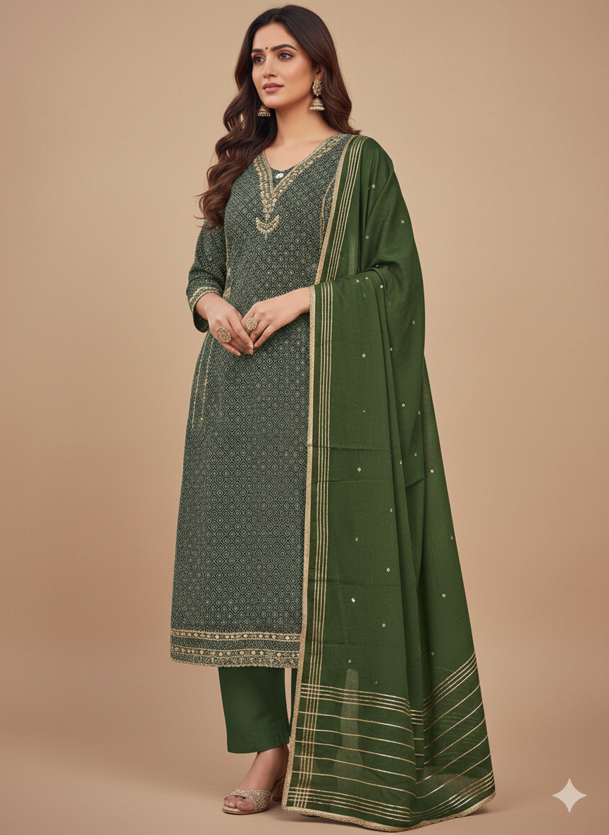 Mehndi Green Embroidered Unstitched Silk Crepe Suit Fabric with Dupatta