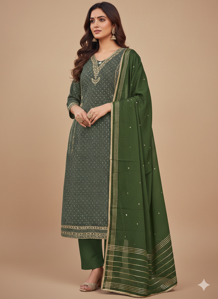 Mehndi Green Embroidered Unstitched Silk Crepe Suit Fabric with Dupatta