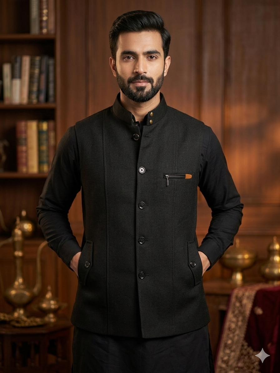 Men's Designer Black Nehru Waistcoat – Premium Ethnic Jacket