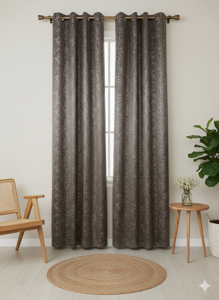 Brown Tree Pattern Curtain | 9 Feet | Eyelet Style | Price Per Piece