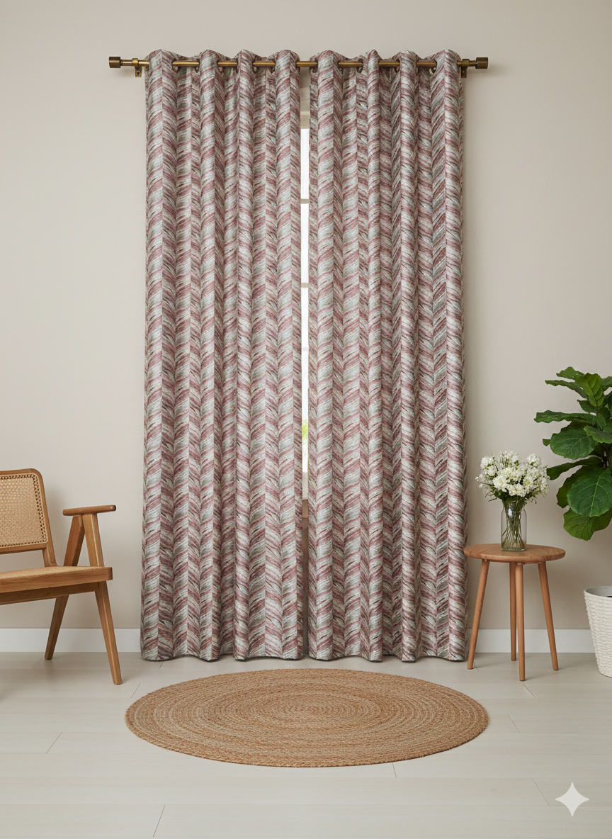 Pink & Grey Leaf Pattern Curtain | 7 Feet | Eyelet Style | Price Per Piece