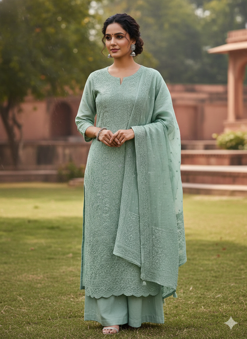 Sea Green Chikankari Unstitched Cotton Suit Fabric with Dupatta