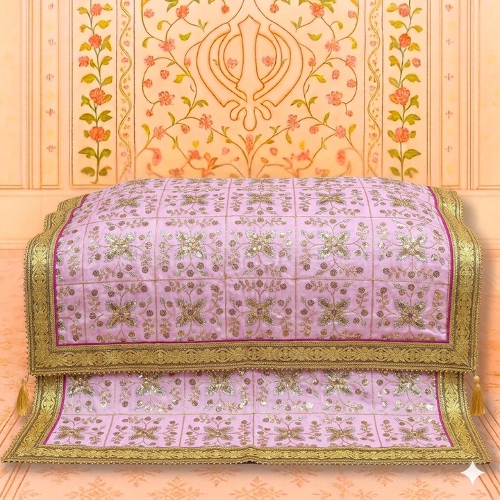 Premium Pink Floral Sequin Embroidered Rumala Sahib with Heavy Golden Border for Guru Granth Sahib Ji