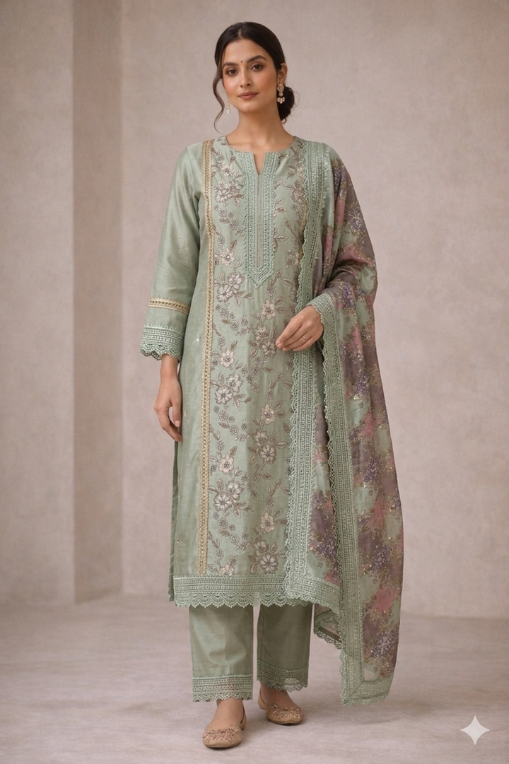 Premium Pista Green Floral Unstitched Suit Fabric Set