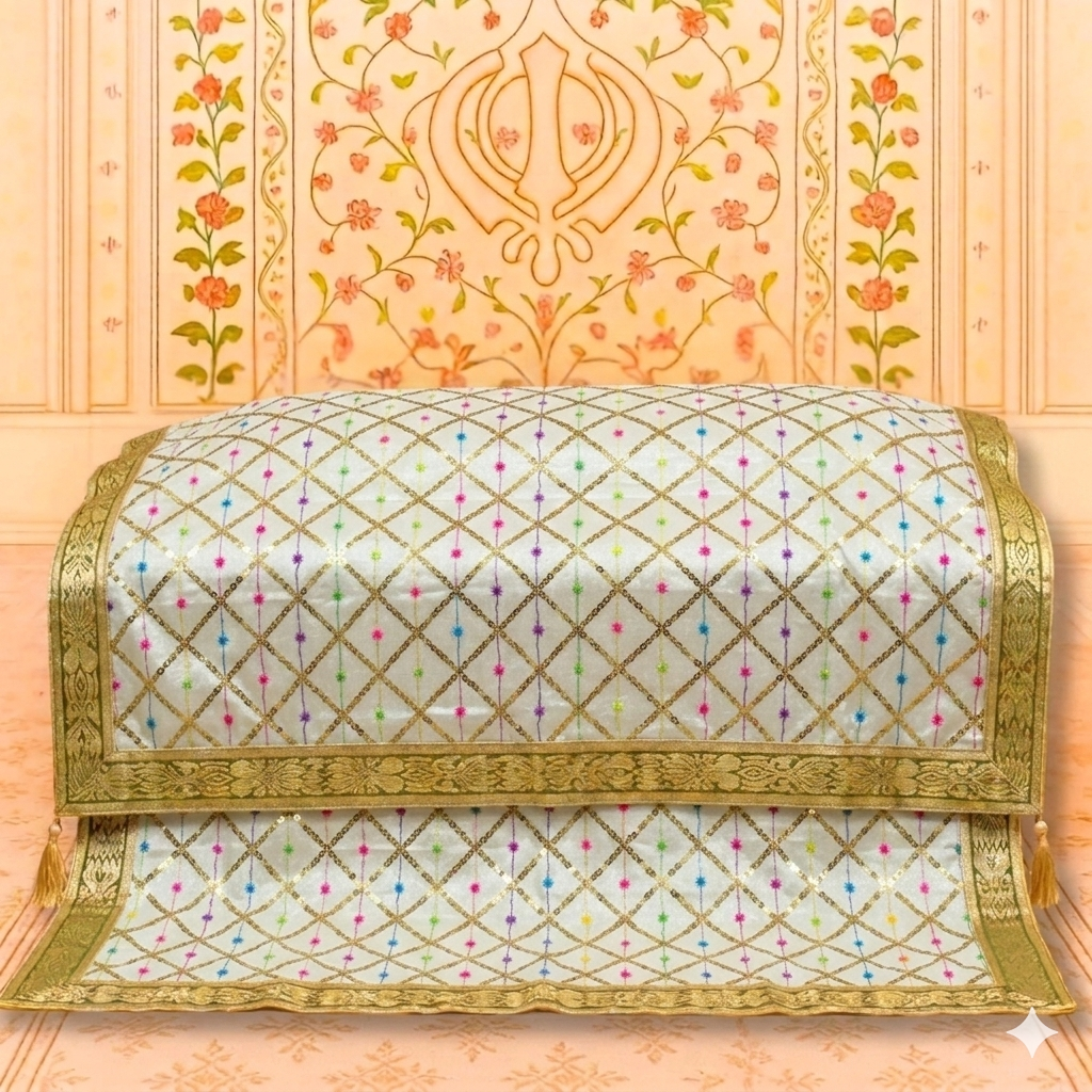 White Palka Sequence Diamond Work Rumala Sahib for Guru Granth Sahib Ji