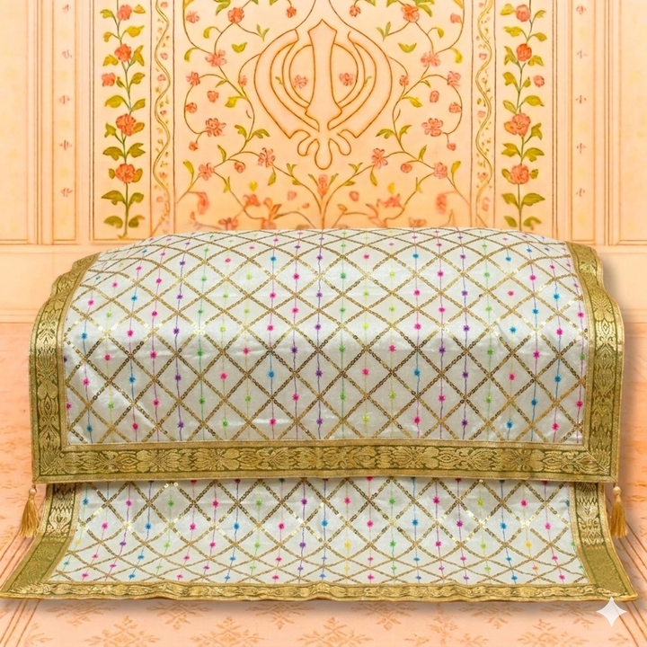 White Palka Sequence Diamond Work Rumala Sahib for Guru Granth Sahib Ji