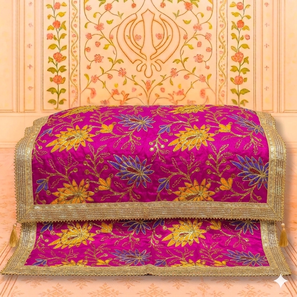 Pink Multicolor Floral Embroidered Rumala Sahib with Golden Lace Border for Guru Granth Sahib Ji