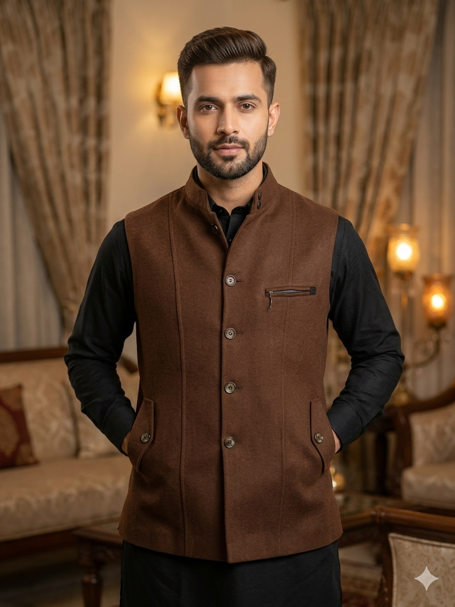 Men's Classic Brown Nehru Waistcoat – Premium Ethnic Jacket