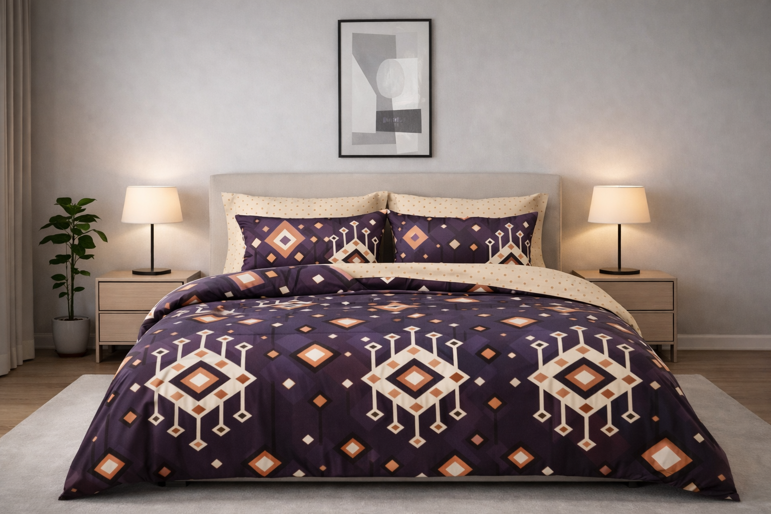 Purple Geometric Printed Cotton Bedsheet with 2 Pillow Covers – Single Bed