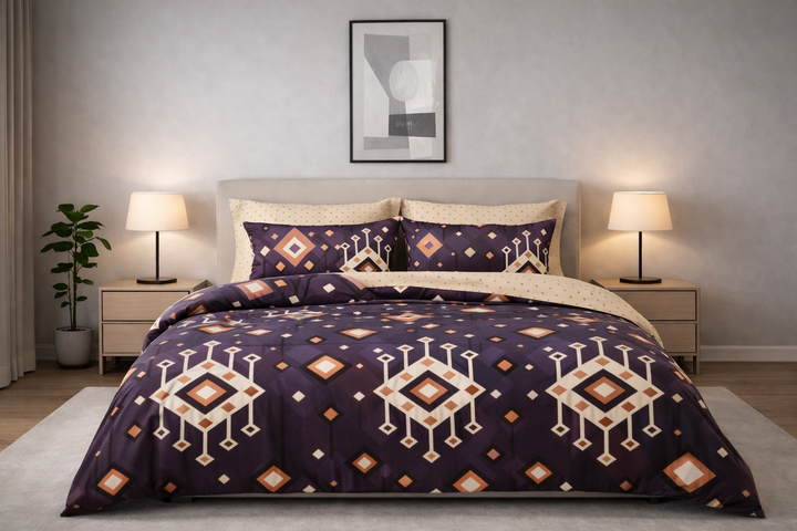 Purple Geometric Printed Cotton Bedsheet with 2 Pillow Covers – Single Bed