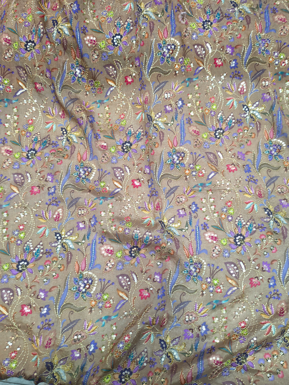 Taupe Multicolor Floral Embroidered Fabric – Sold Per Meter