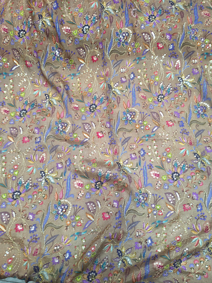 Taupe Multicolor Floral Embroidered Fabric – Sold Per Meter