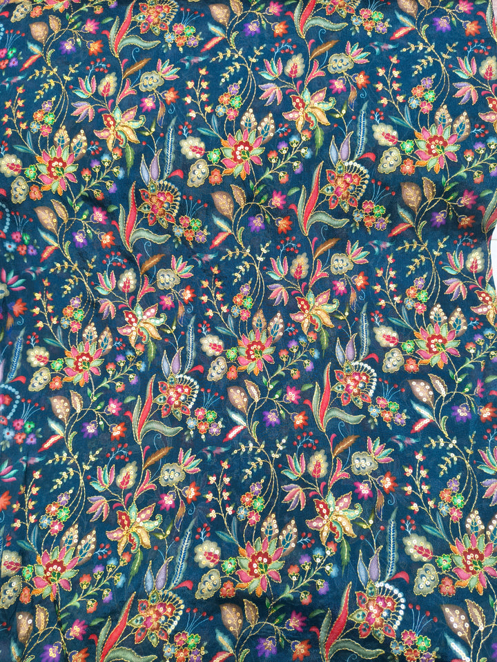 Teal Blue Multicolor Floral Embroidered Fabric – Sold Per Meter