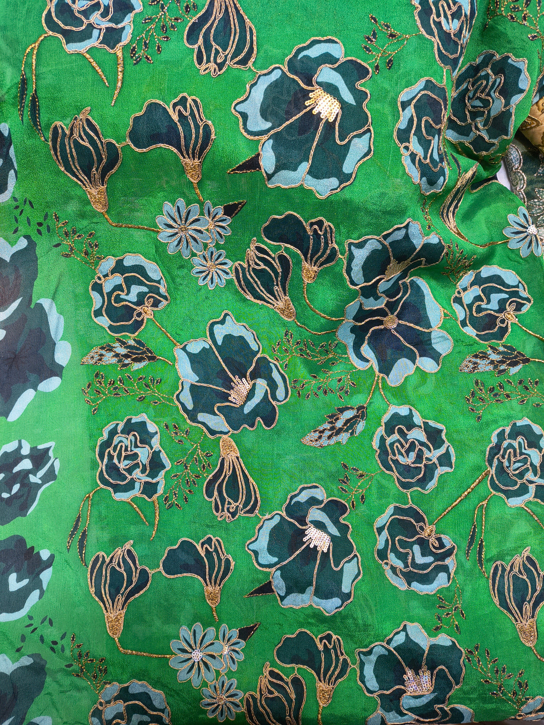 Emerald Green Floral Embroidered Fabric (Per Meter)