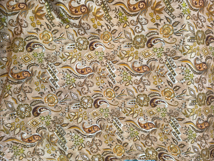 Beige Gold Paisley Embroidered Fabric (Per Meter)