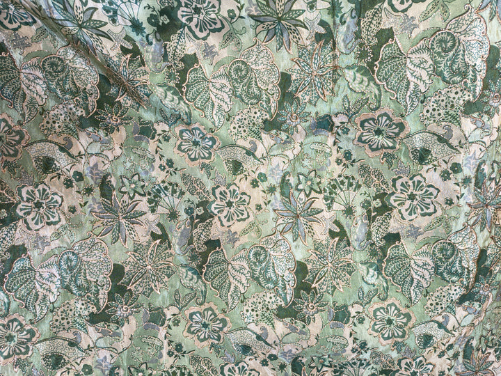 Mint Green Floral Jacquard Embroidered Fabric (Per Meter)