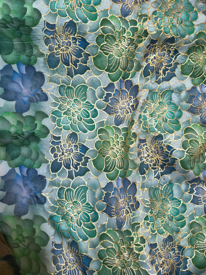 Sea Green & Teal Floral Foil Printed Fabric (Per Meter)