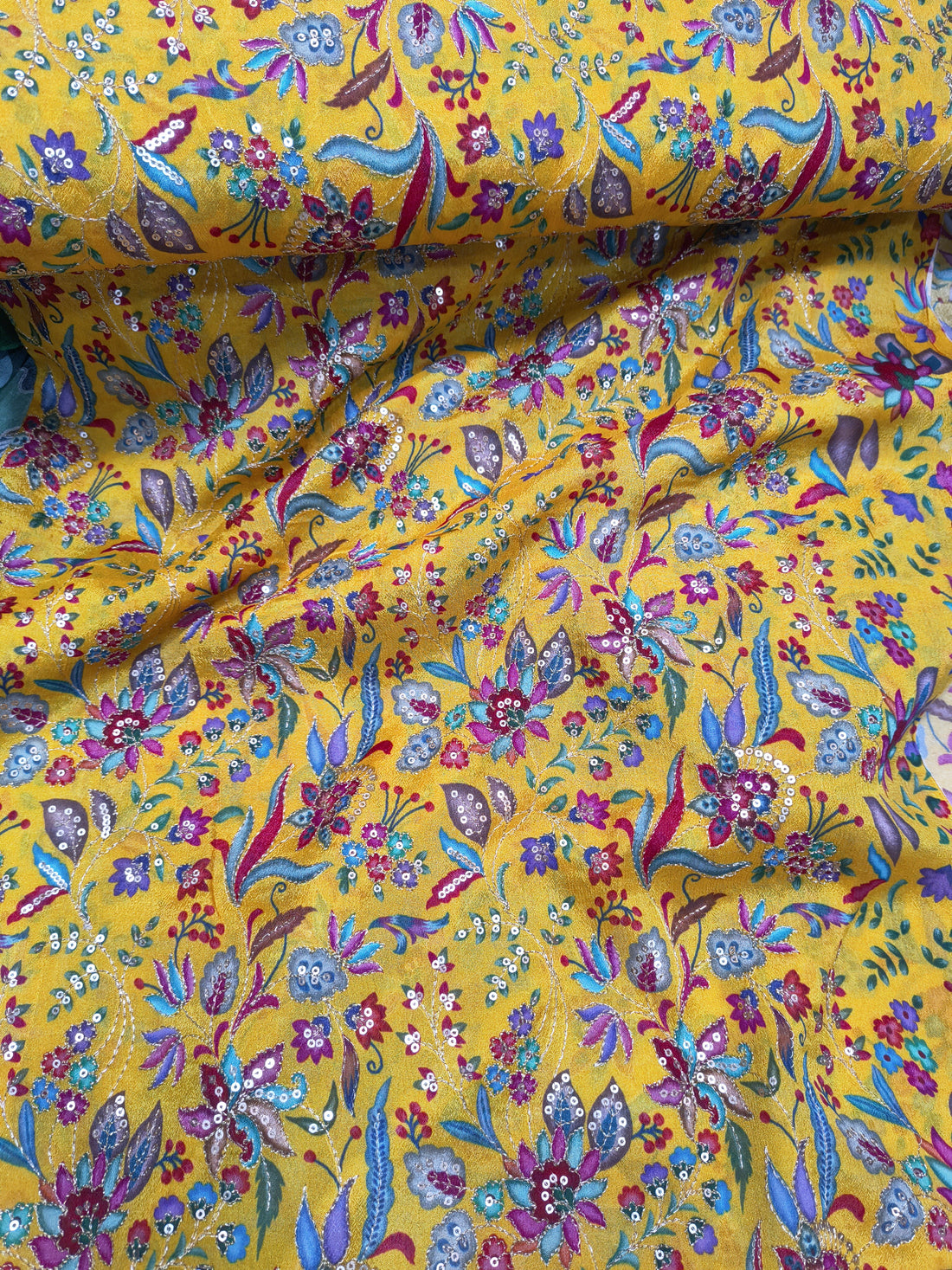 Yellow Multicolor Floral Sequin Embroidered Fabric (Per Meter)