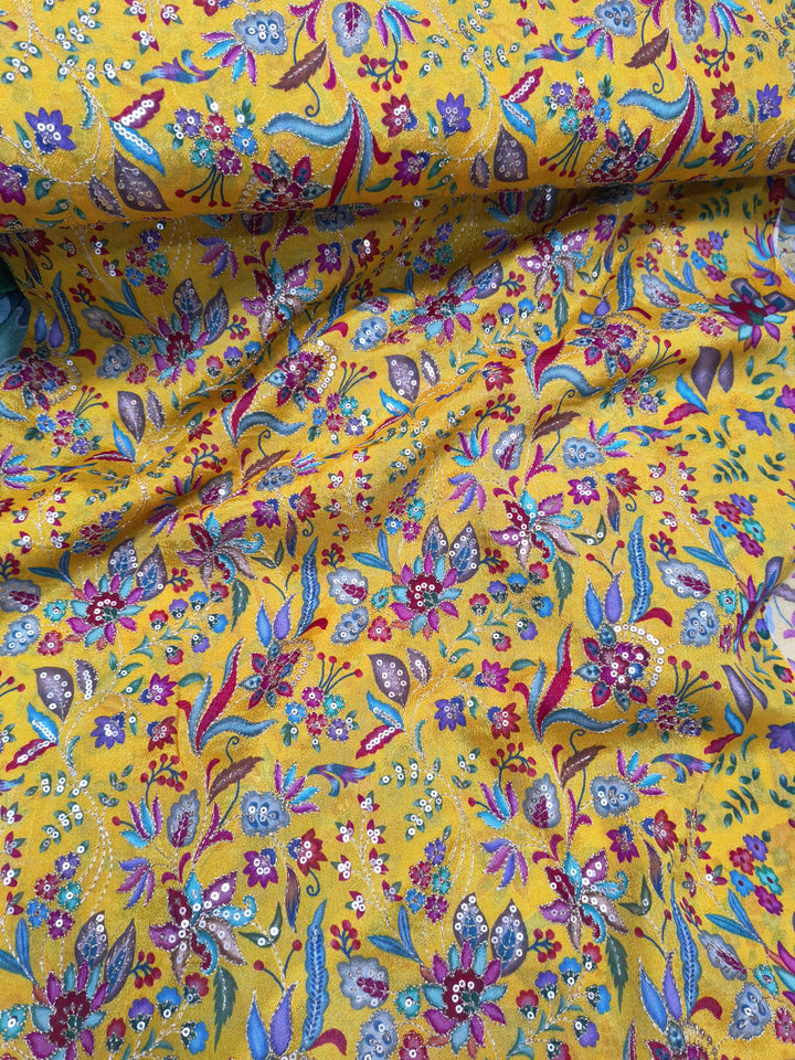 Yellow Multicolor Floral Sequin Embroidered Fabric (Per Meter)