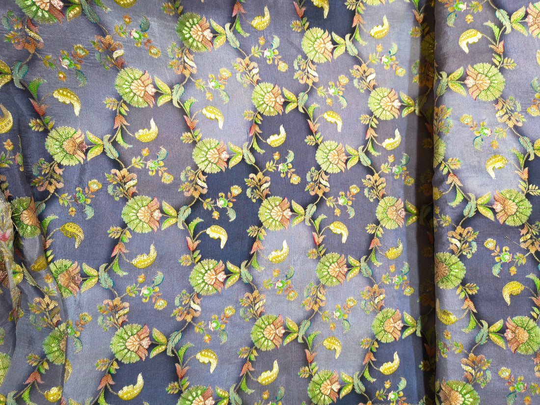 Steel Grey Floral & Paisley Embroidered Fabric (Per Meter)