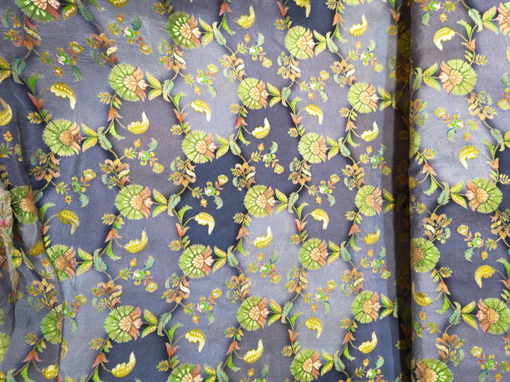 Steel Grey Floral & Paisley Embroidered Fabric (Per Meter)