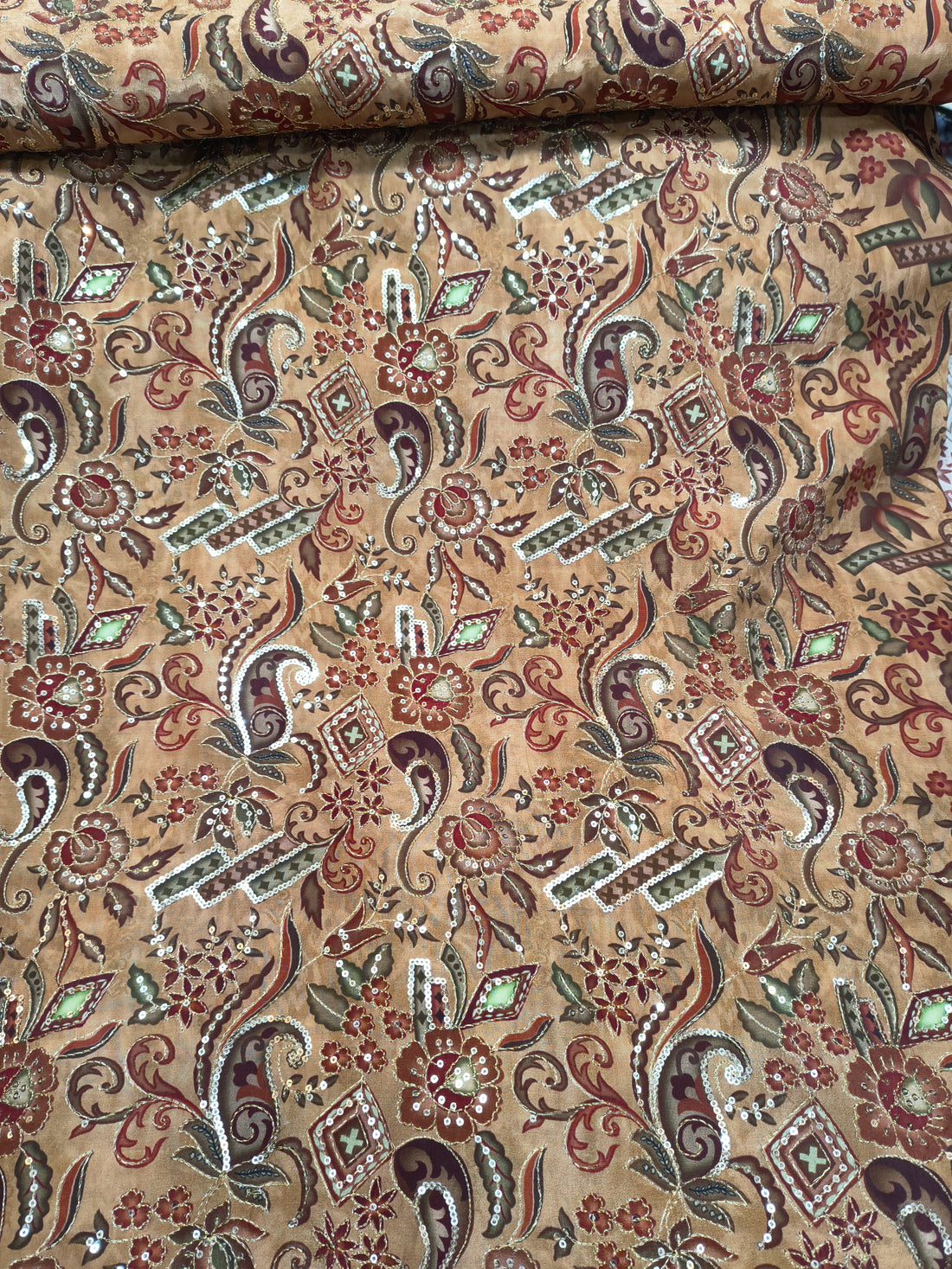 Antique Gold Floral & Paisley Embroidered Fabric (Per Meter)