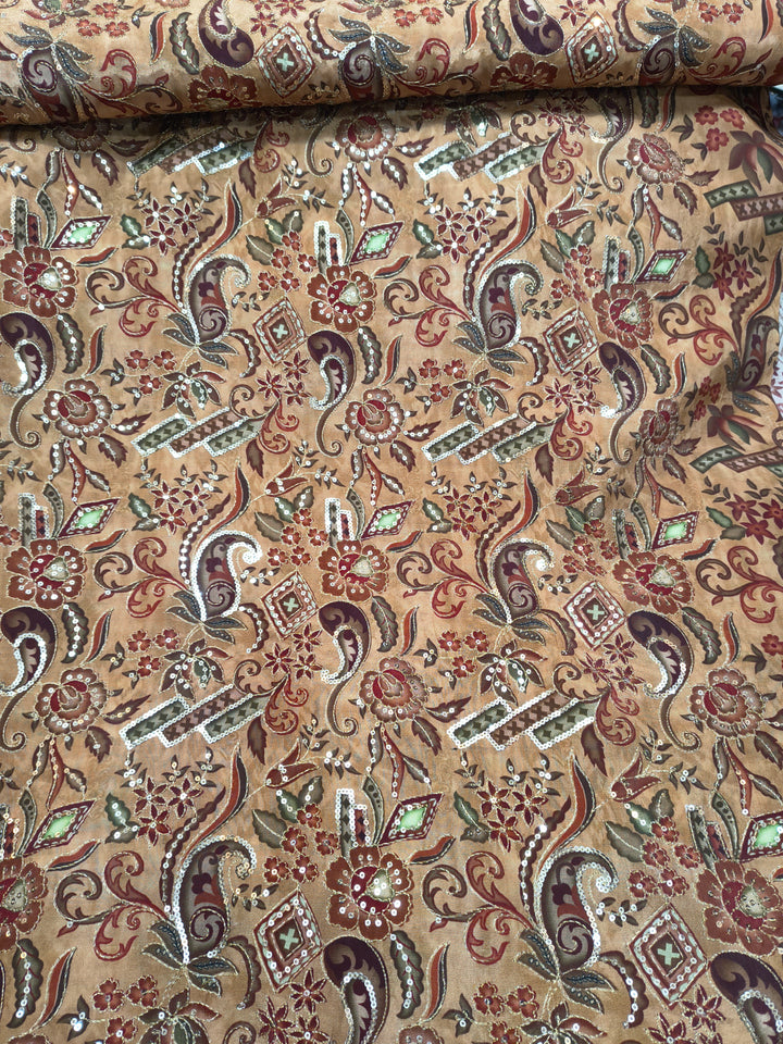 Antique Gold Floral & Paisley Embroidered Fabric (Per Meter)