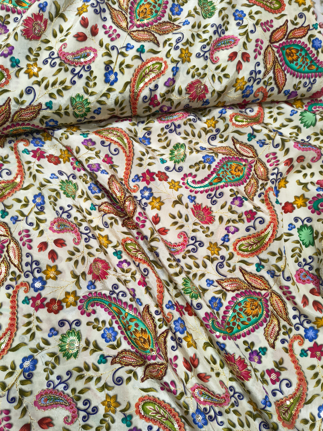 Ivory Multicolor Paisley & Floral Embroidered Fabric (Per Meter)