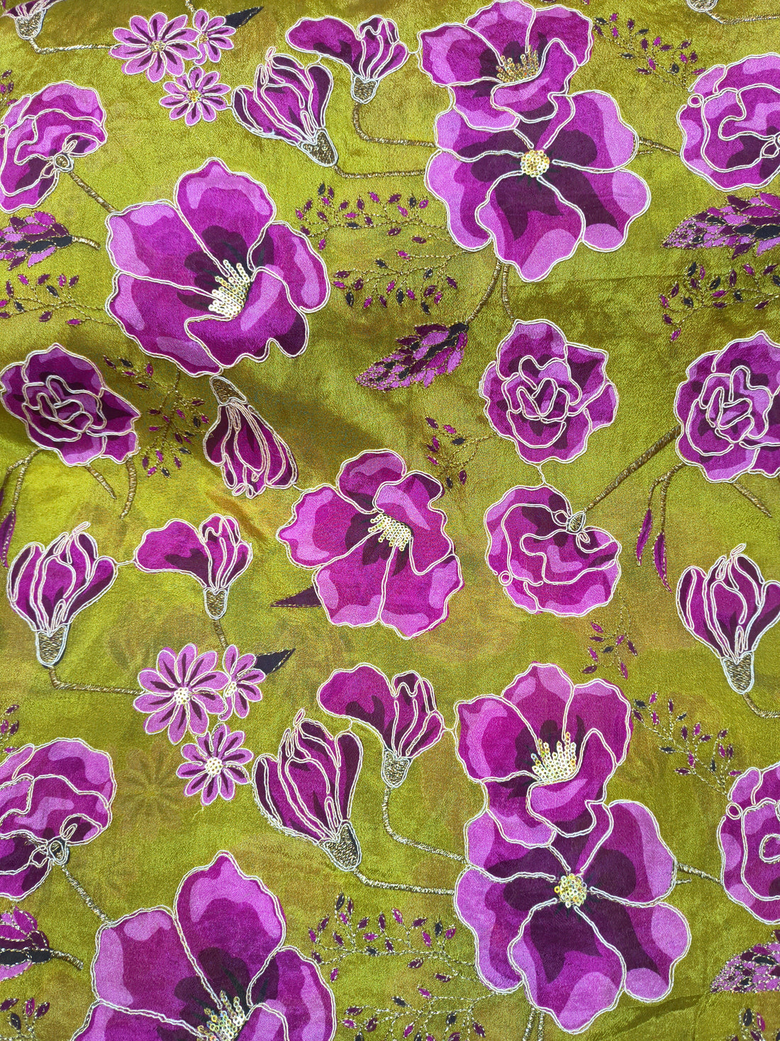Olive Green Purple Floral Embroidered Fabric (Per Meter)