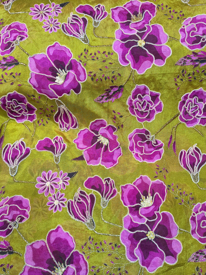 Olive Green Purple Floral Embroidered Fabric (Per Meter)