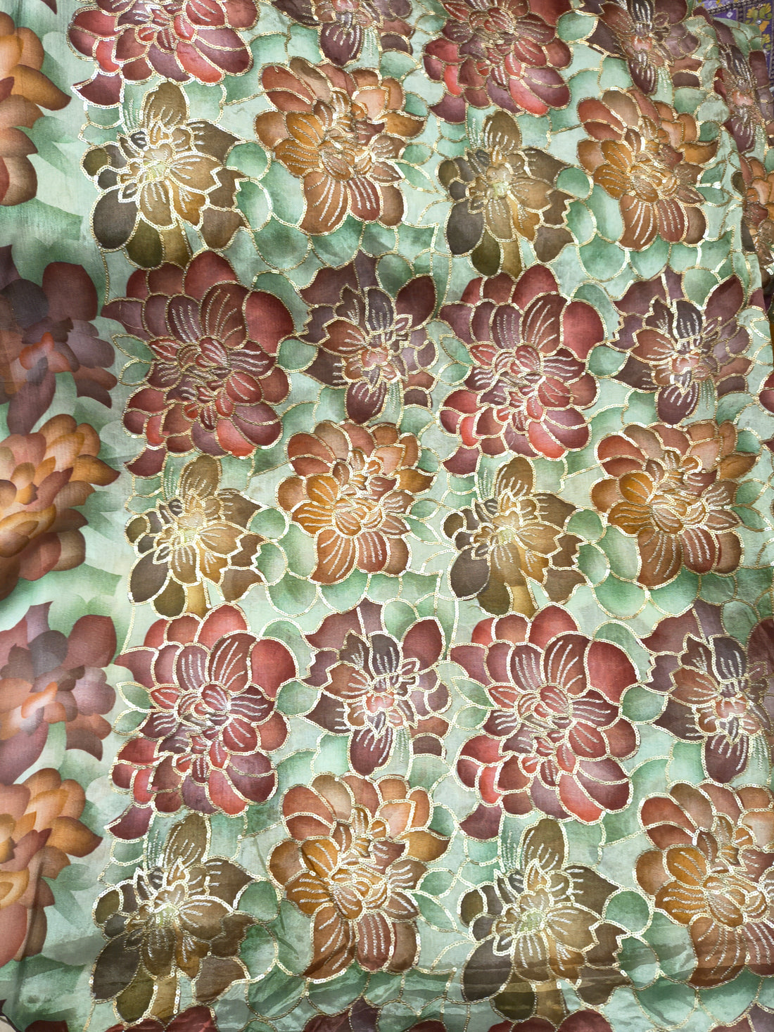 Mint Green Multicolor Floral Embroidered Fabric (Per Meter)